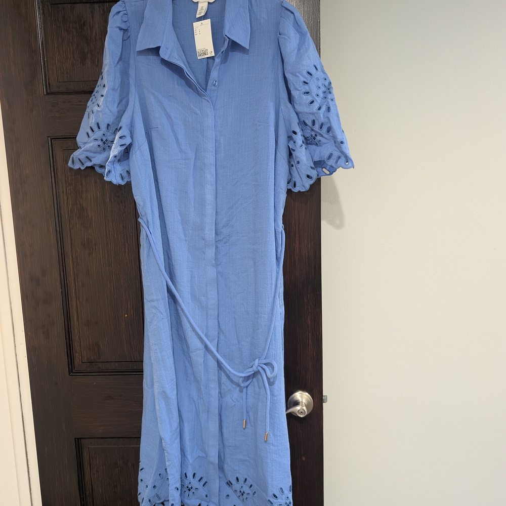 H&M Blue Midi Dress with Eyelet Sleeves